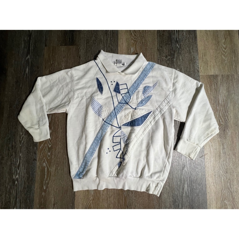 Alfred Dunner Sweatshirt Women Small White Vintage Applique Polo Collar 4357